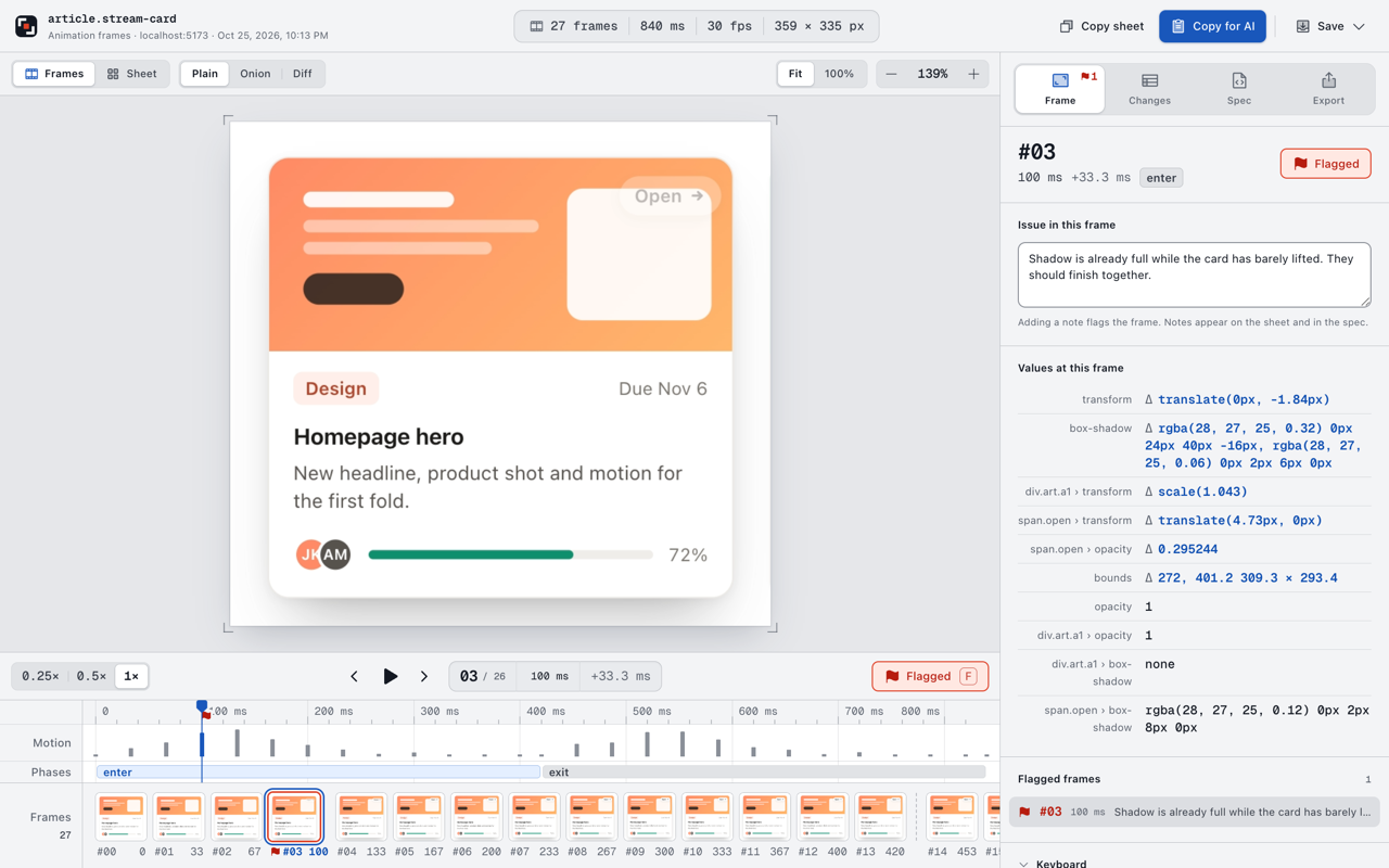 Editörde 100 ms'deki 3. kare; not eklenmiş, işaretli ve o karedeki CSS değerleri görünüyor.